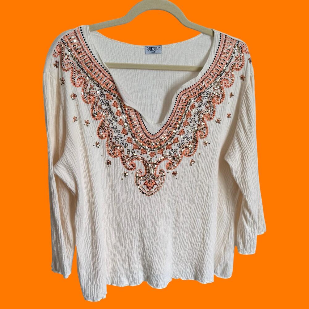 00's vintage paisley floral sequins boho y2k top blouse LARGE venus